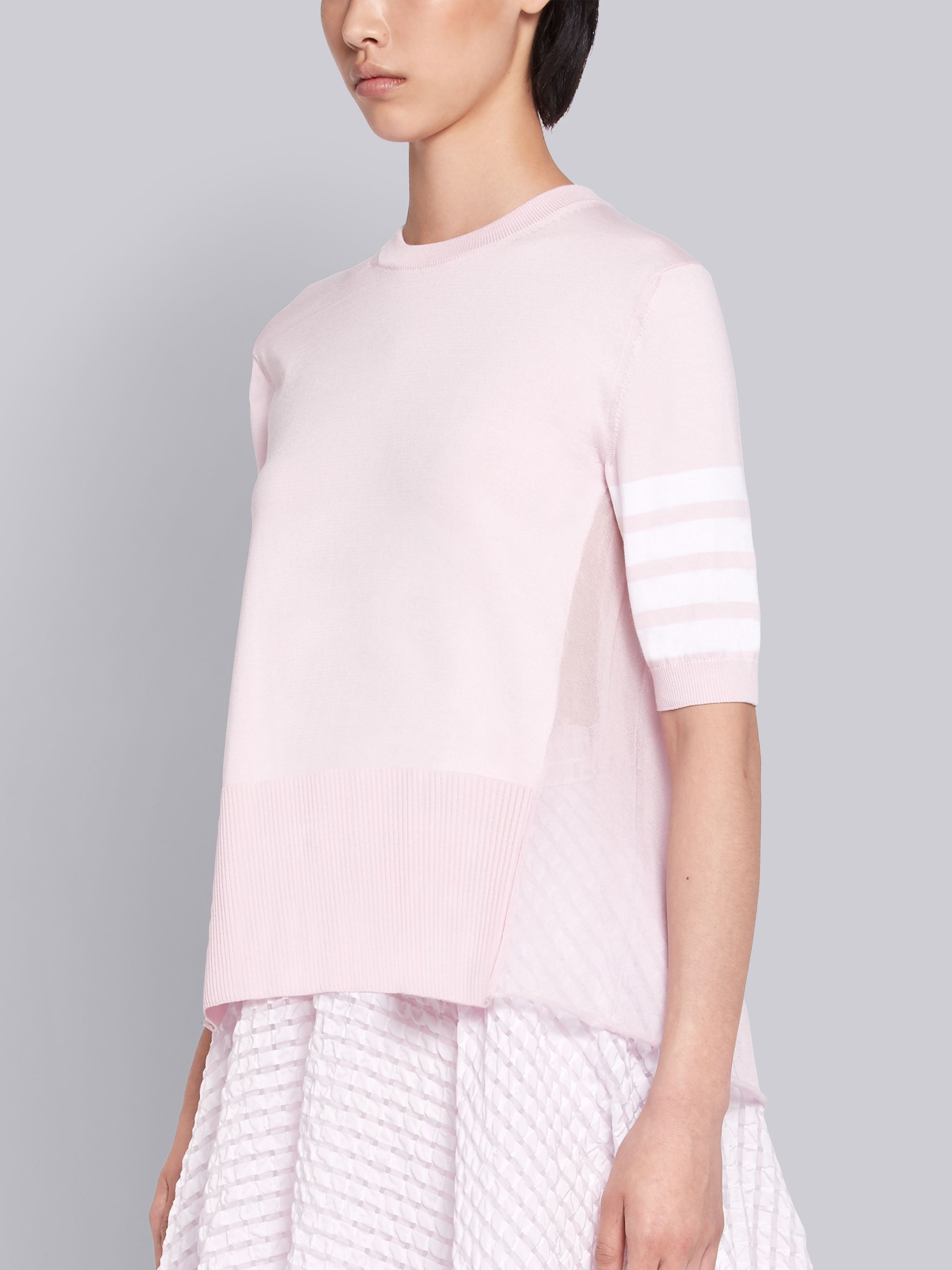 Pink Silk Cotton Blend Sheer Pleated Back 4-Bar Stripe Tee - 2