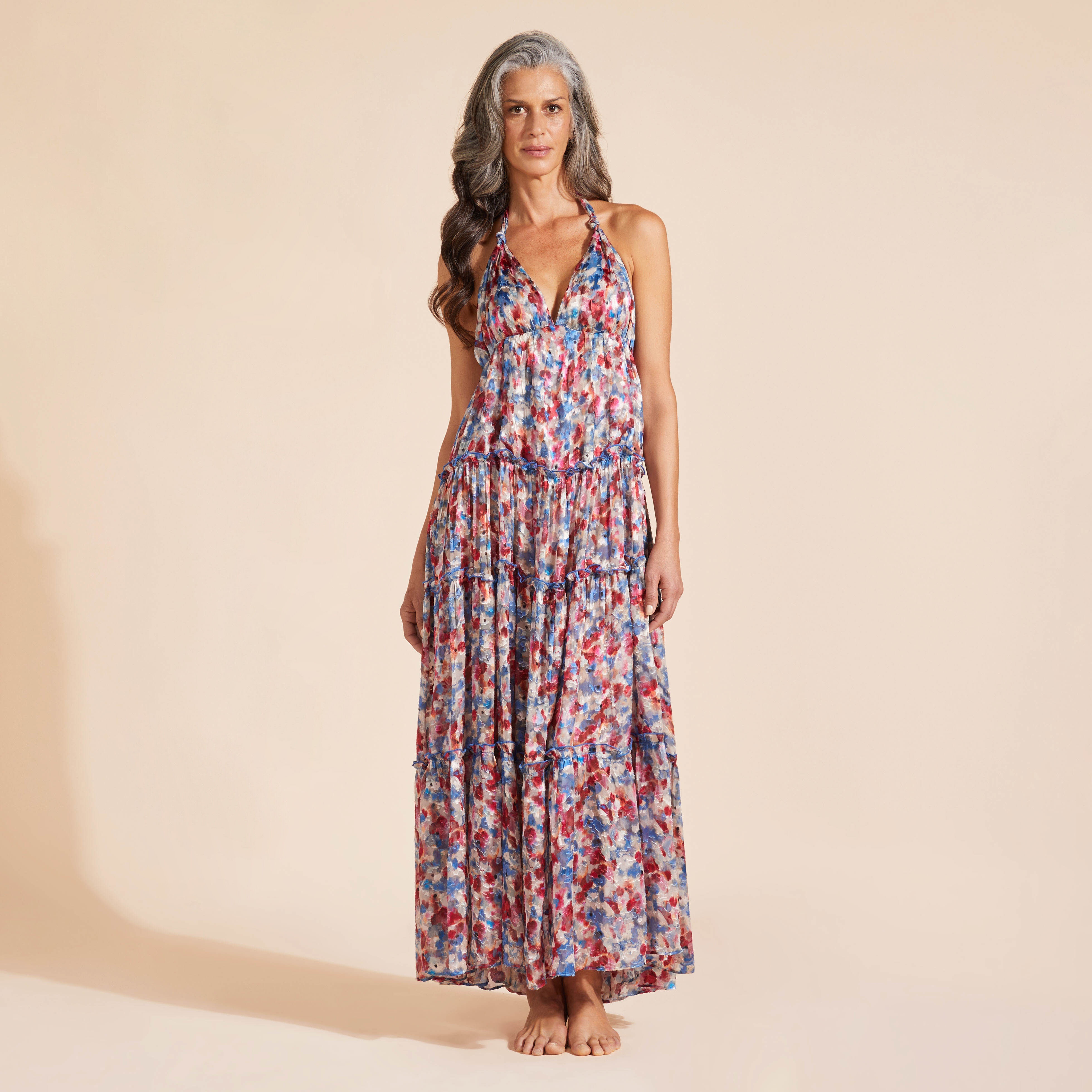 Women Viscose Long Backless Dress Flowers in the Sky - 3