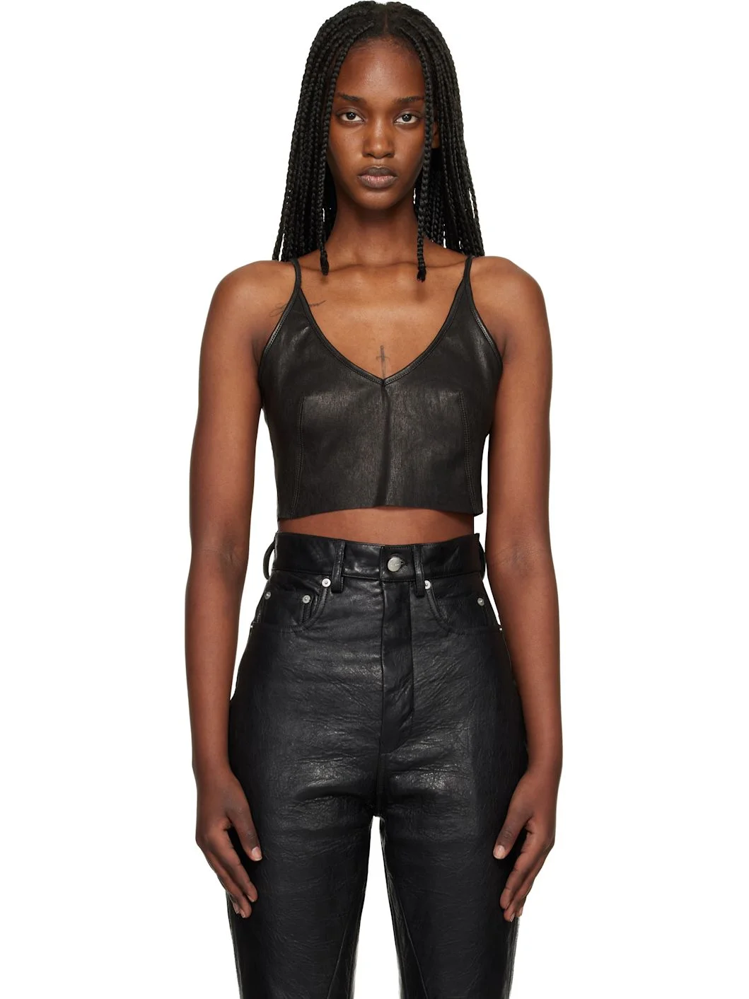 Black Temple Stretch Lamb Leather Top - 1