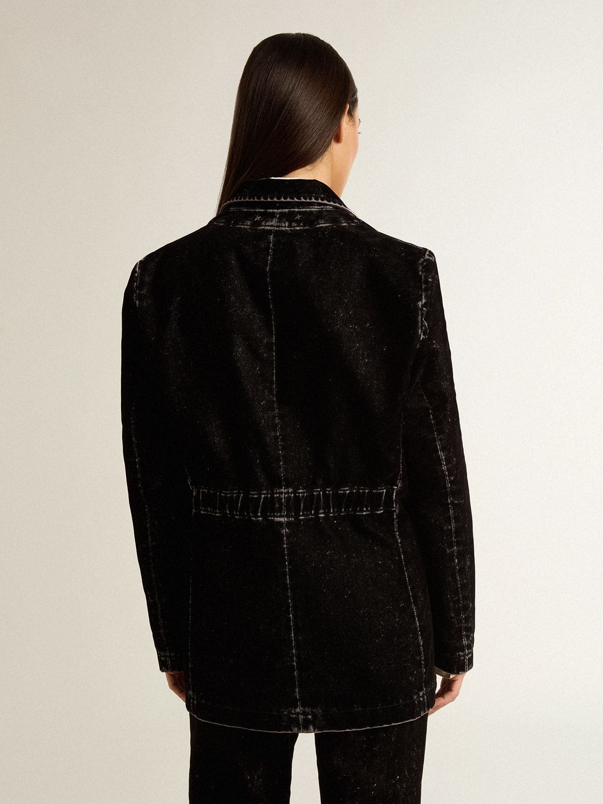 Women's black denim jacket with a velvet effect - 4
