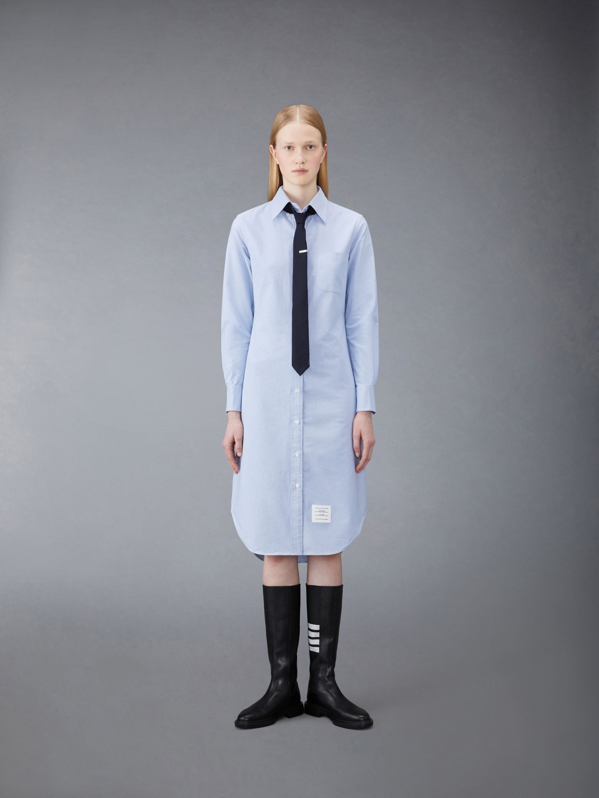 KNEE LENGTH POINT COLLAR SHIRTDRESS W/ RWB GROSGRAIN PLACKET IN OXFORD - 5