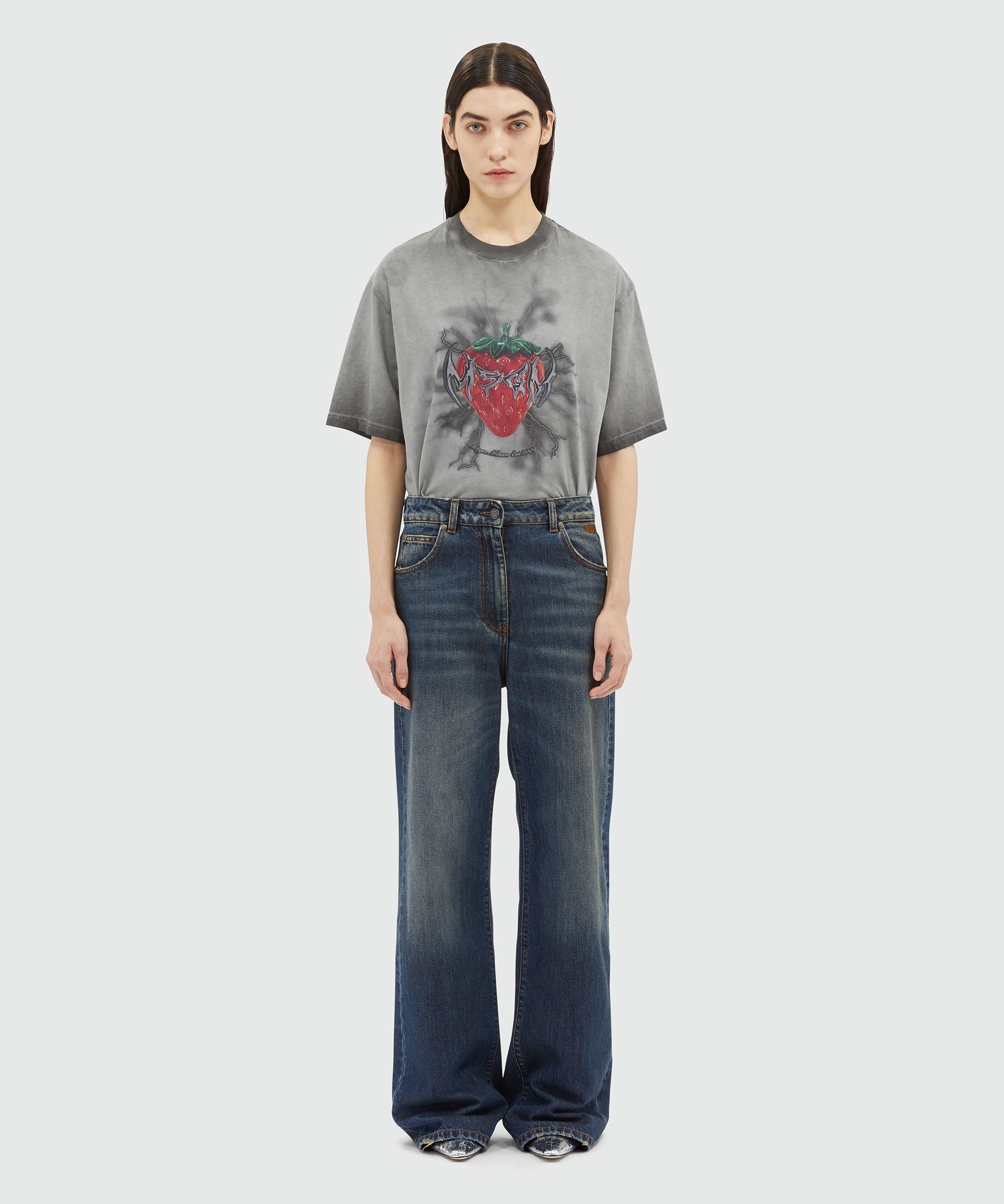 Wide-leg pre-washed effect dark blue denim pants - 2