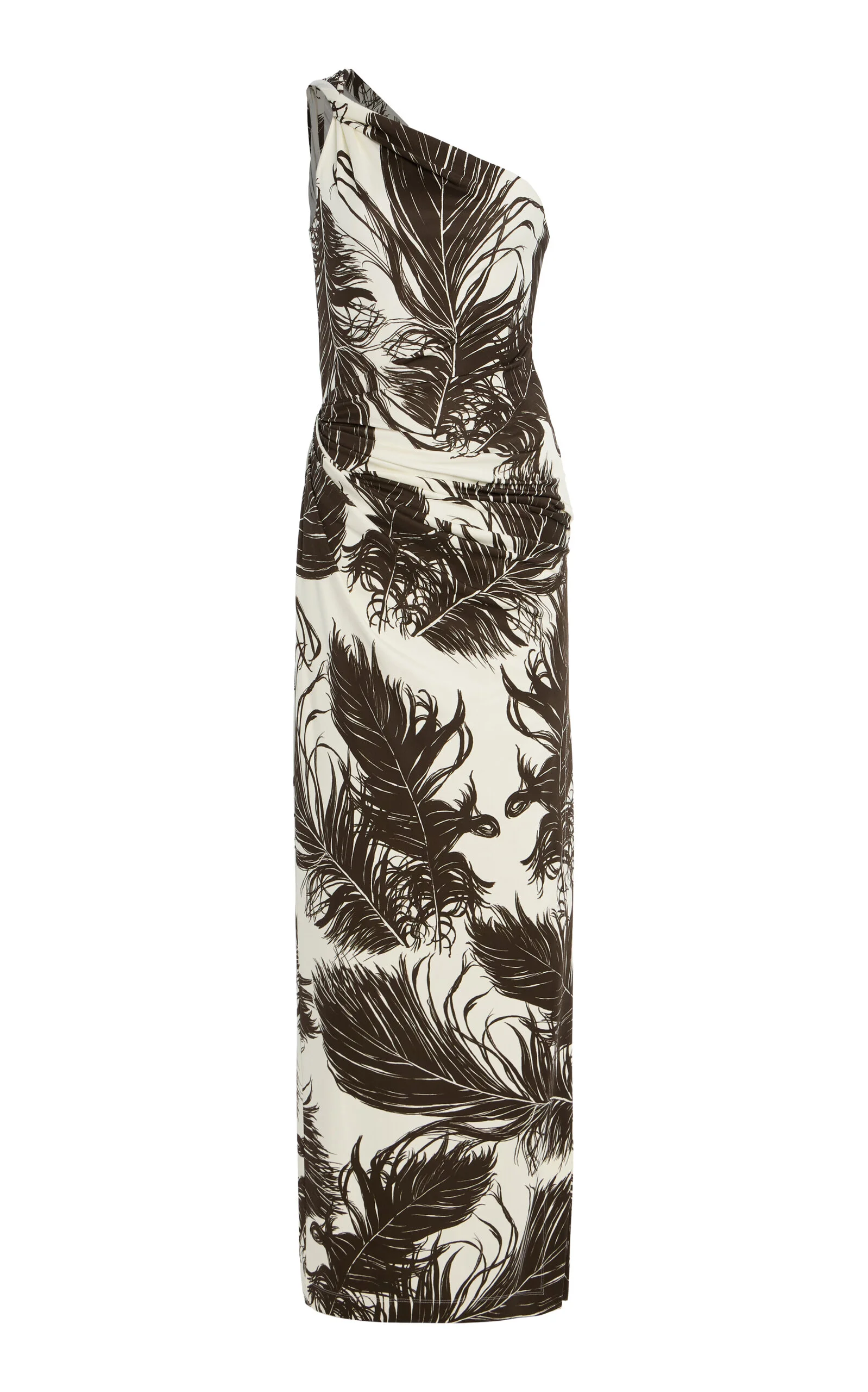 Feather-Printed One-Shoulder Maxi Dress brown - 1