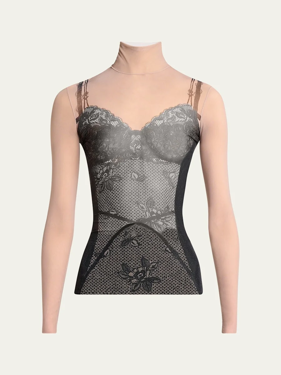 Lingerie Trompe L'oeil Mesh Turtleneck Top - 1