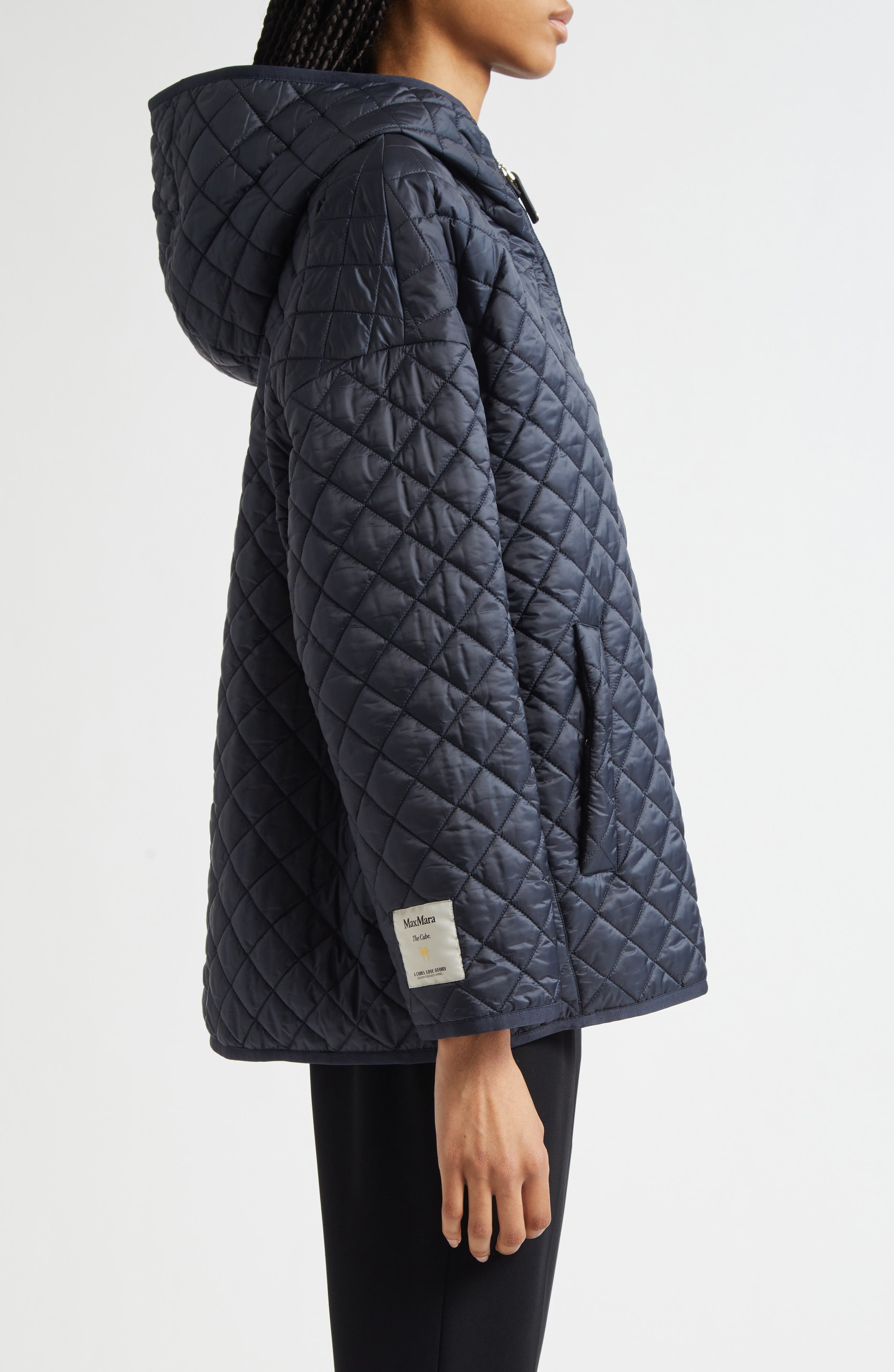 Max Mara Leo Diamond Quilted Cameluxe Hooded Jacket in Midnight Blue at Nordstrom - 3