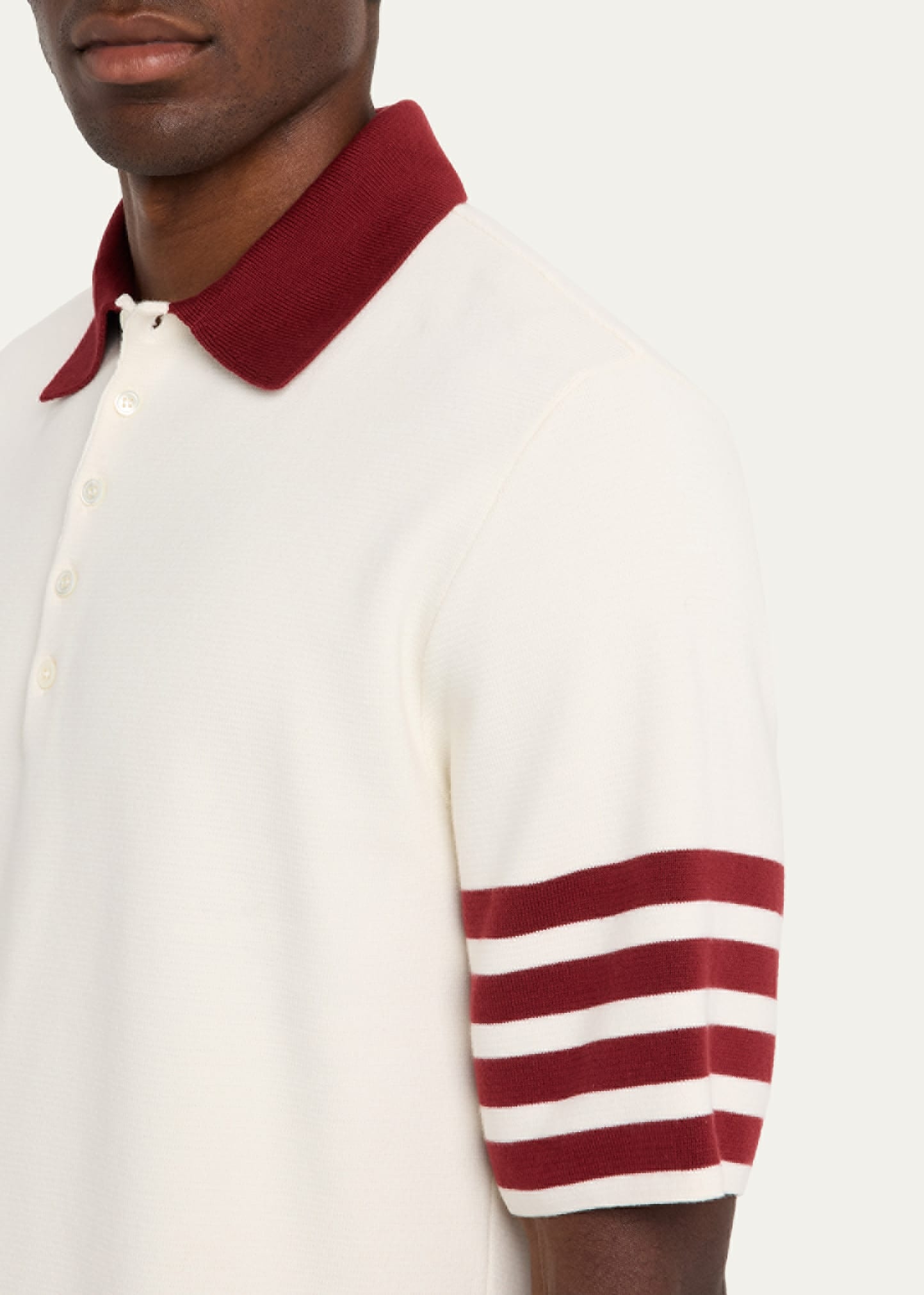 Men's Ecru Cotton Stripe-Sleeve Polo Shirt - 5