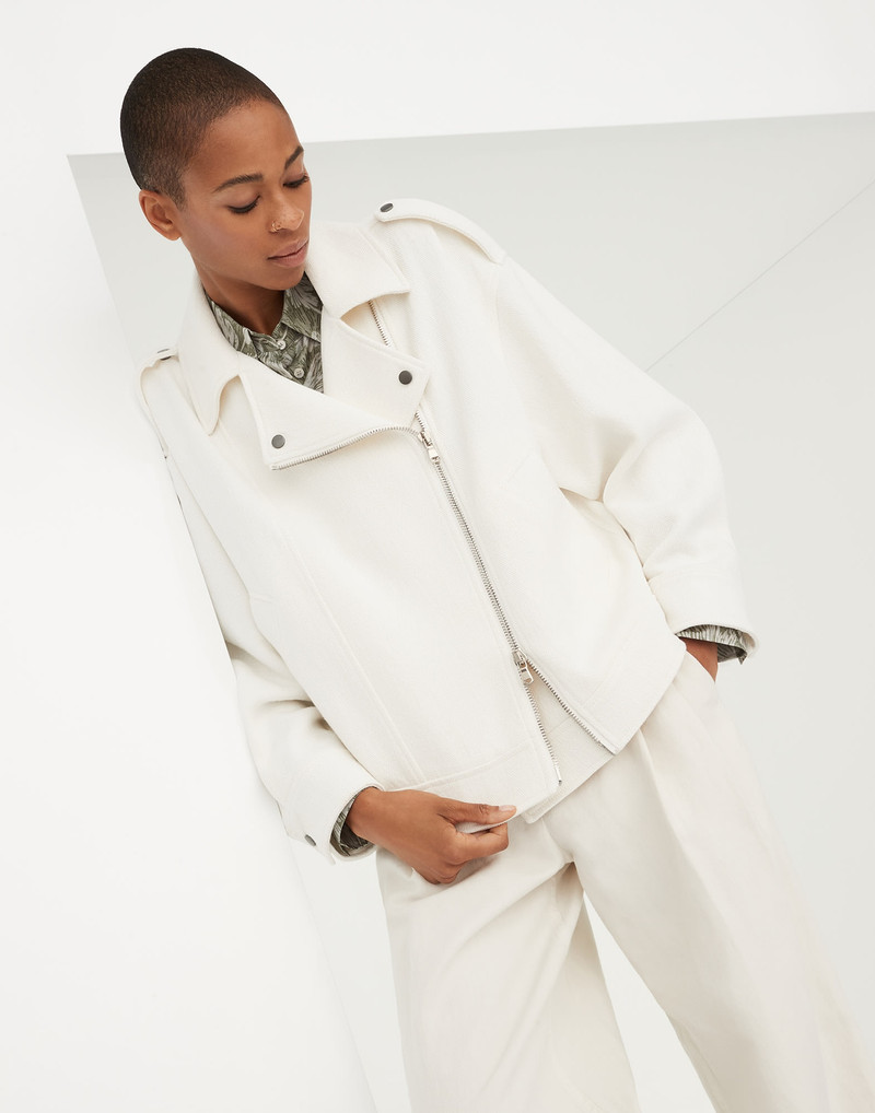 Cotton and linen chevron biker jacket with shiny details 1
