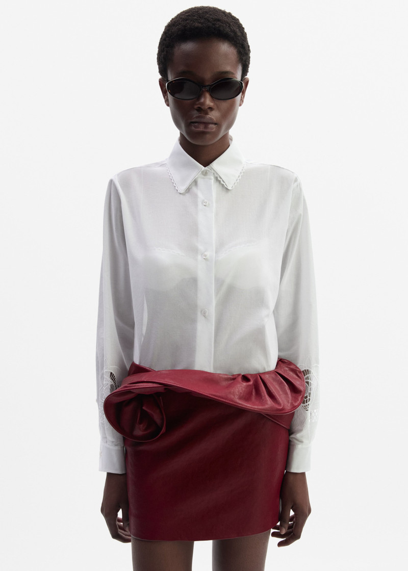 Mini leather skirt with hand-twisted flower detail in cherry red 4