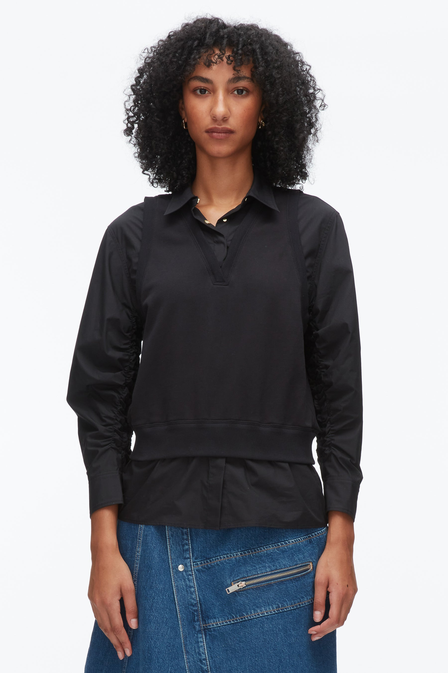 Layered Vest Ruched Sleeve Shirt - 3