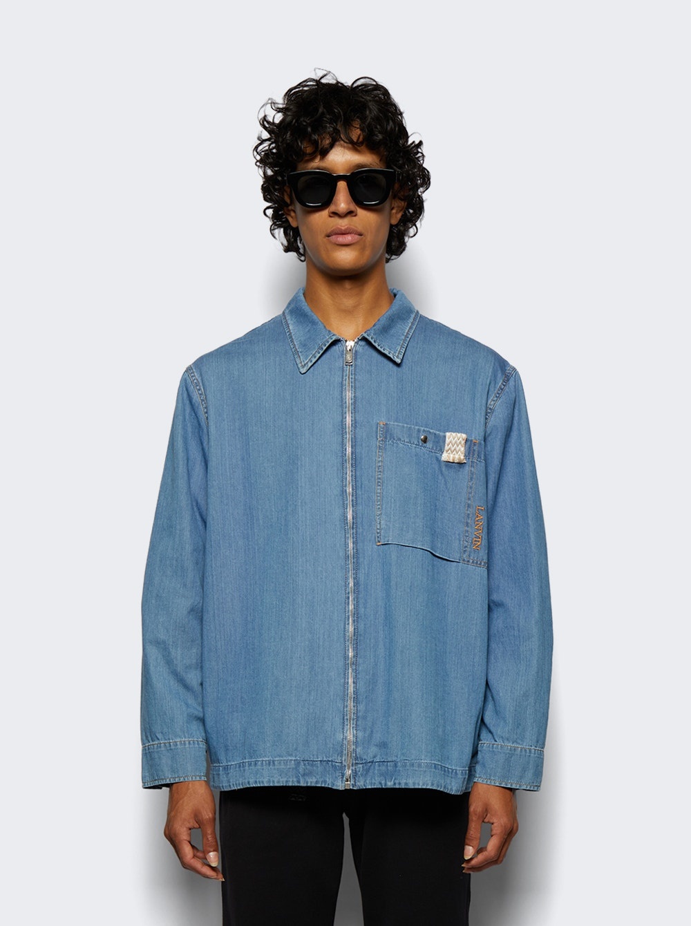 Curb Zip Up Denim Overshirt Light Blue - 3