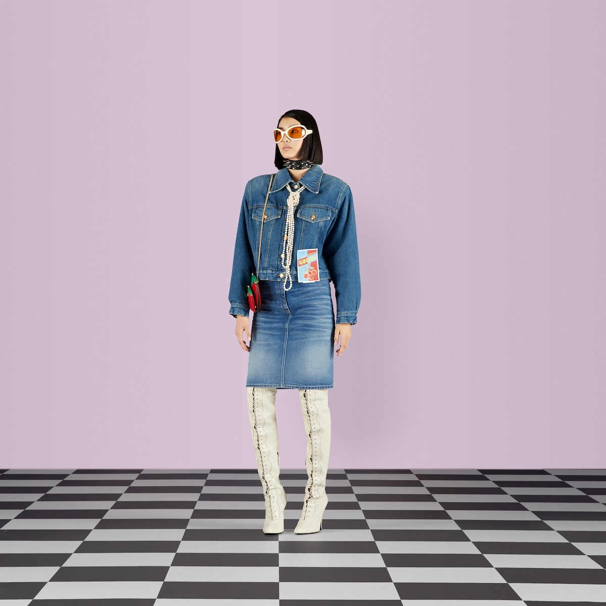 Denim skirt with Gucci label - 2