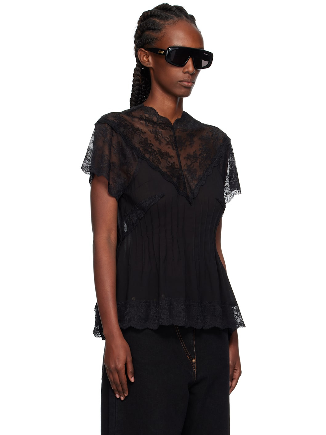 Black Lace Trim Darted Top - 2