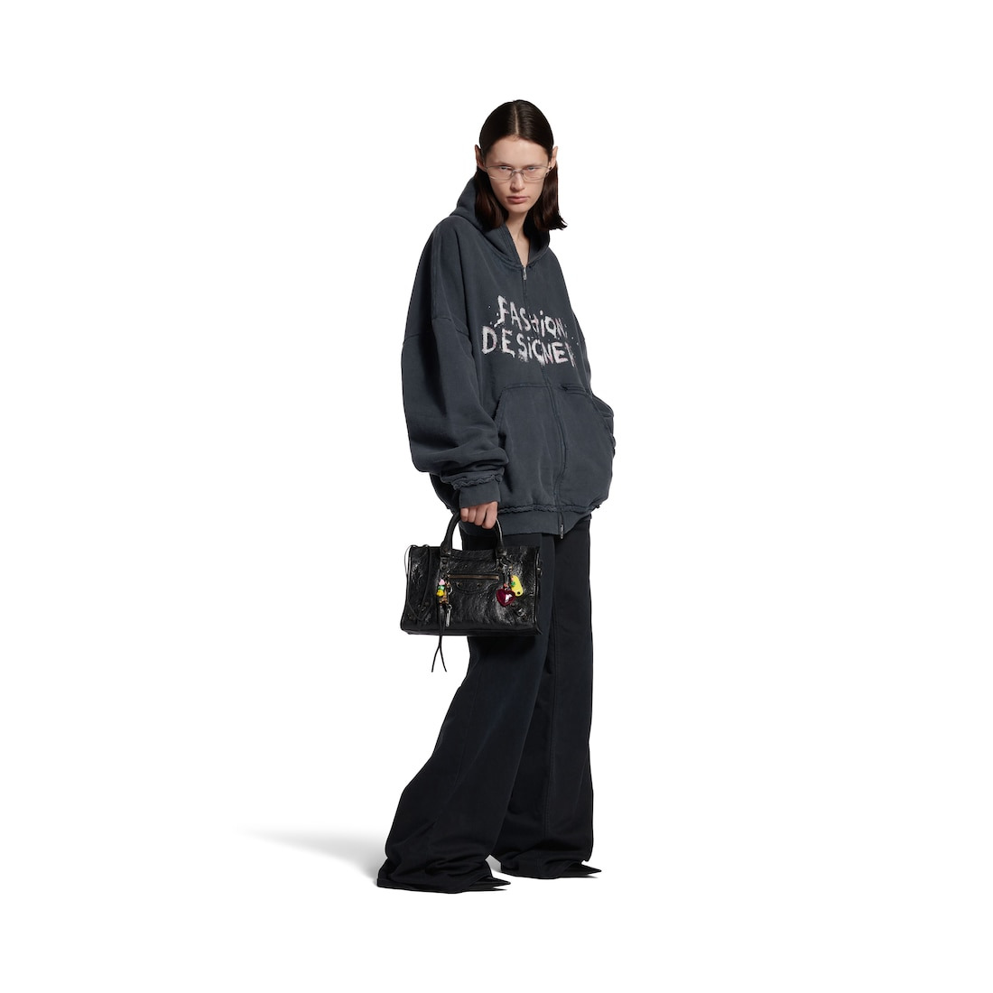 Fashion Designer Pulled Zip-up Hoodie Large Fit in Faded Black - 2