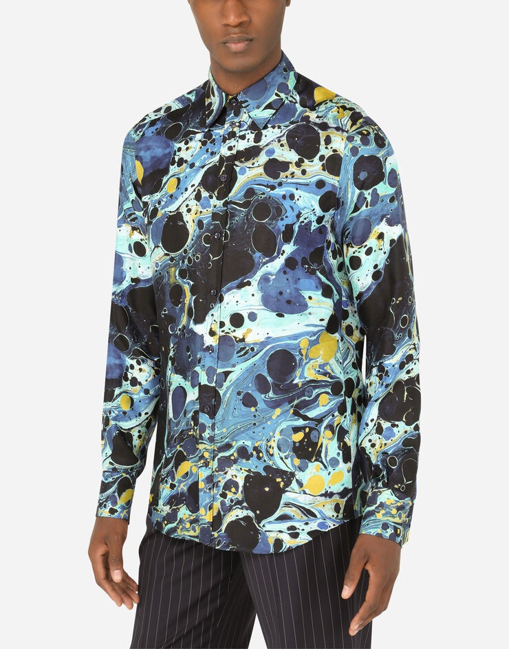 Silk Martini-fit shirt with blue marbled print - 4