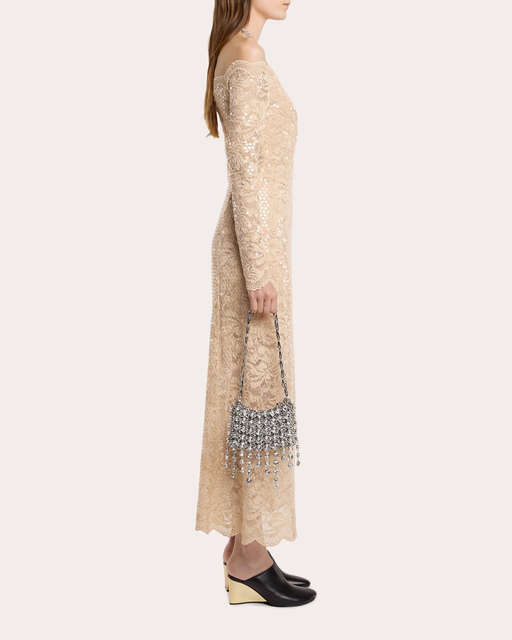 Sequin-Embellished Ruched Lace Maxi Dress - 3