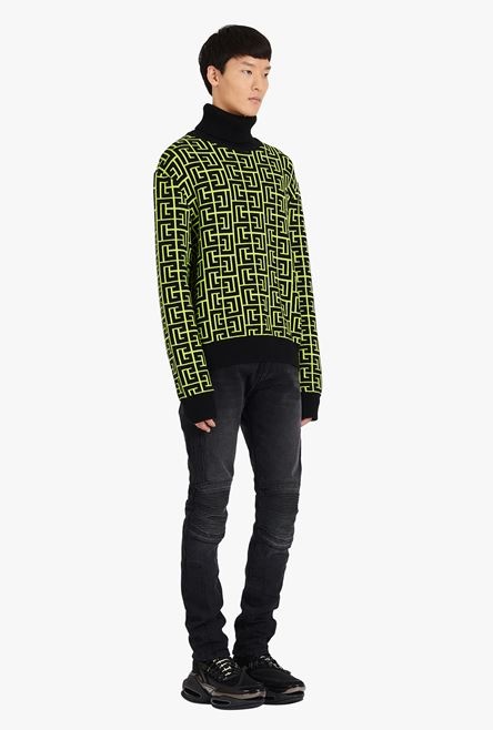 Capsule After ski - neon yellow and black Balmain monogram merino wool turtleneck sweater - 7