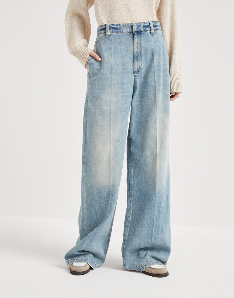 Soft denim low slung trousers with adjustable waist and monili - 1