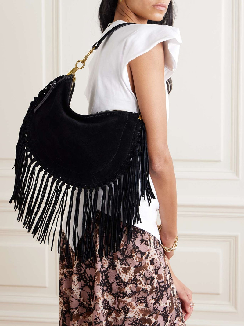 Isabel Marant Oskan Soft fringed suede shoulder bag Black outlook