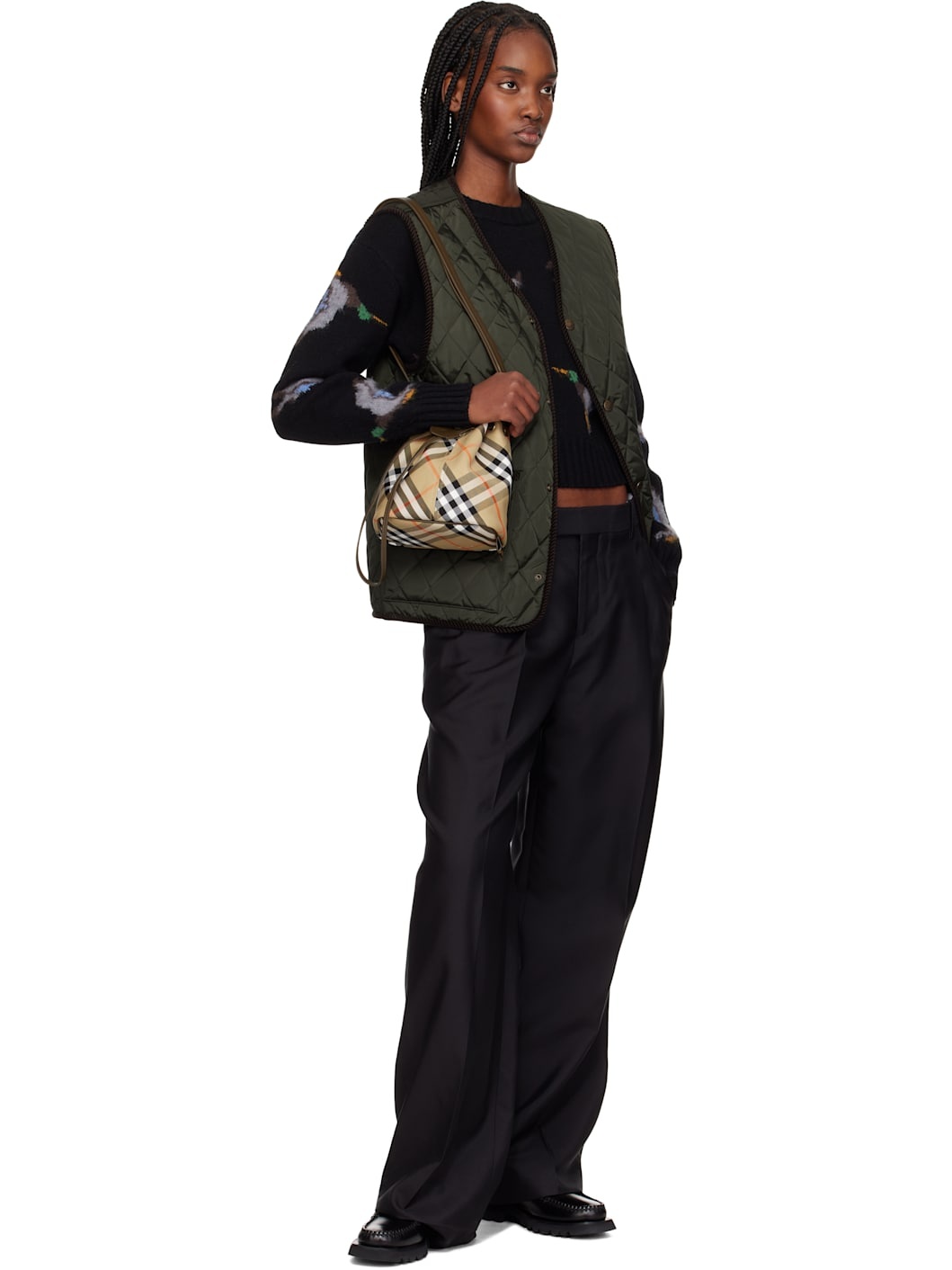 Beige Mini Check Bucket Bag - 4