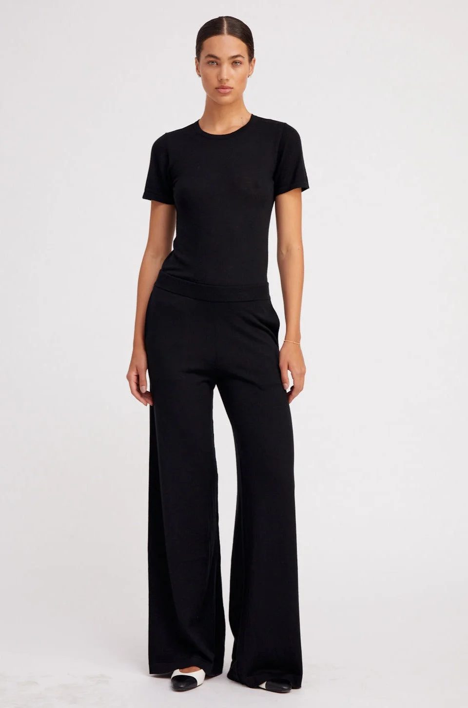 BLACK ULTRA FINE CASHMERE WIDE LEG PANTS - 1
