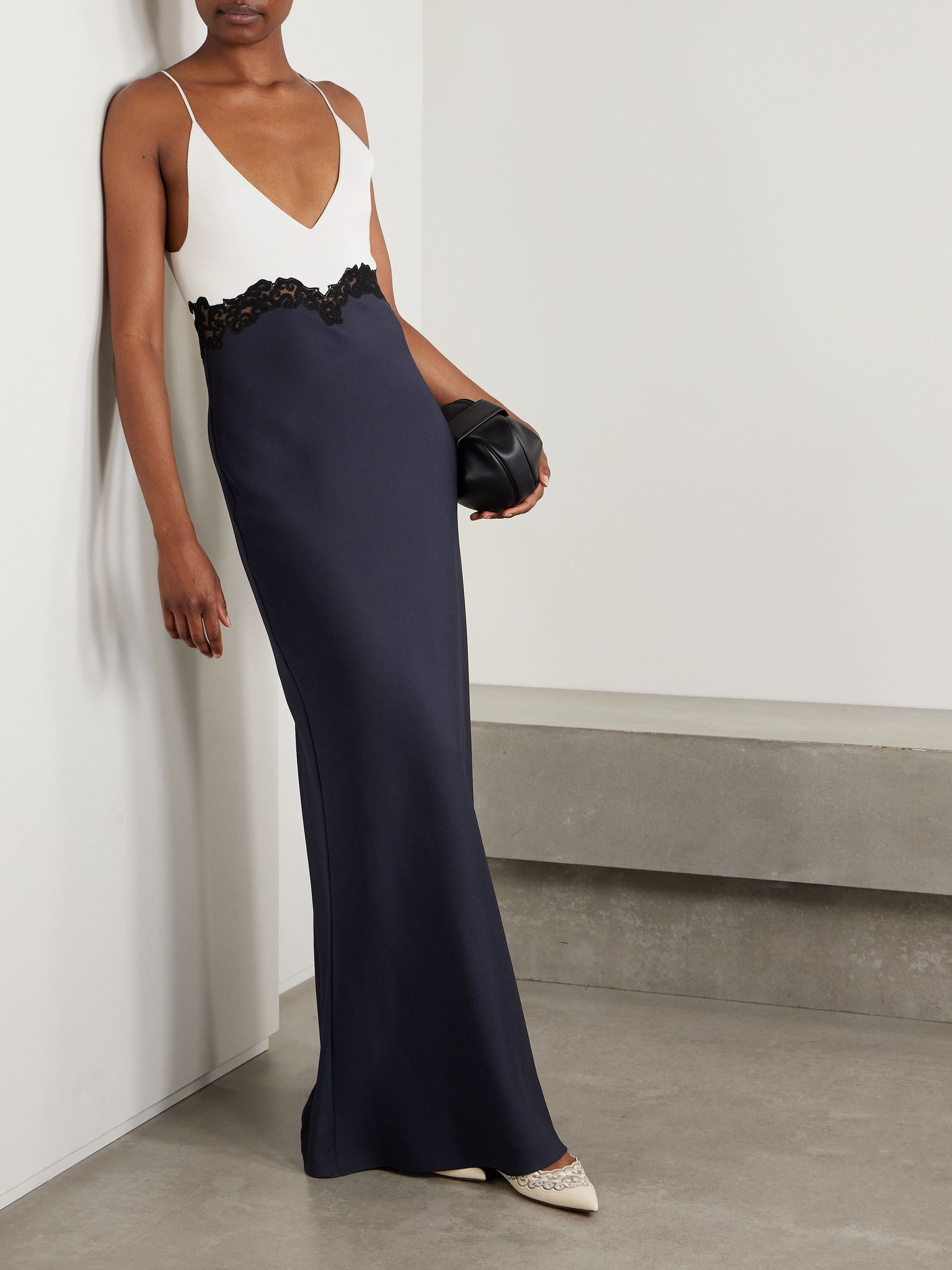 Amaryllis lace-trimmed silk maxi dress Navy - 2