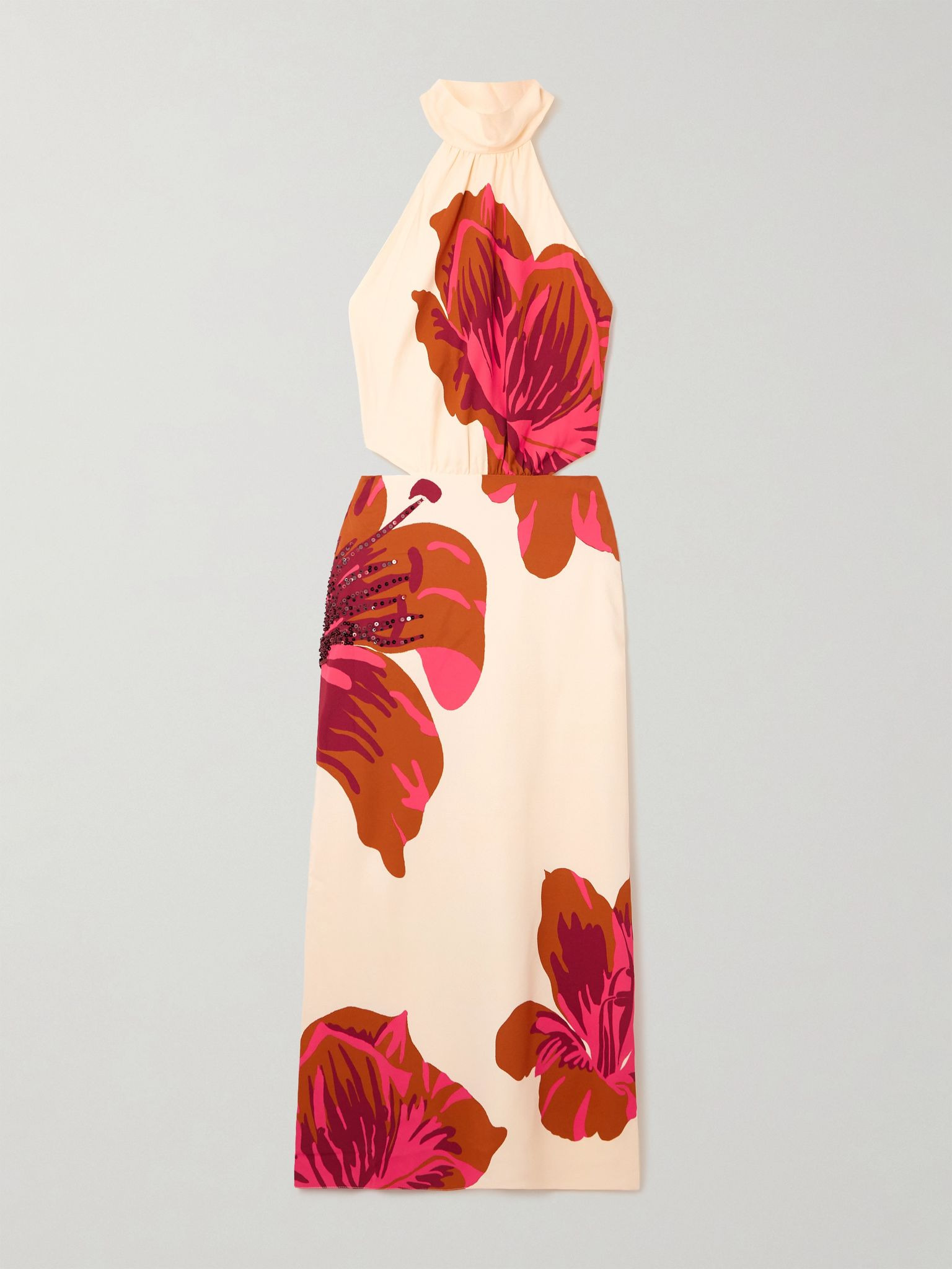 Best Of Times embellished printed crepe halterneck midi dress Ecru - 1