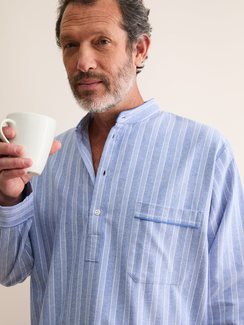 Derek Rose Men's Nightshirt Arran Brushed Cotton Blue Herringbone Stripe outlook