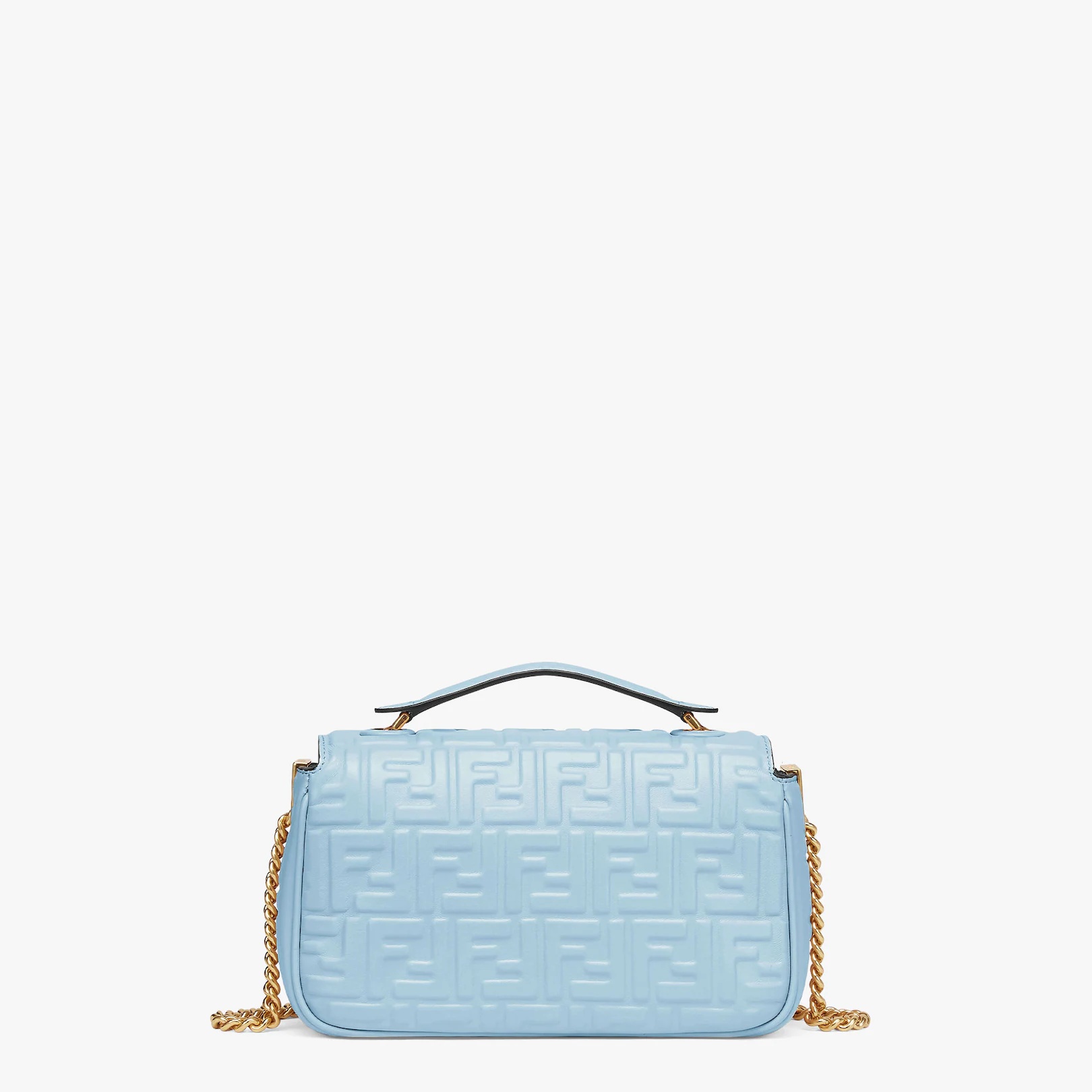 Iconic medium Baguette bag with chain, made of light blue soft nappa leather with a 3D texture FF mo - 3