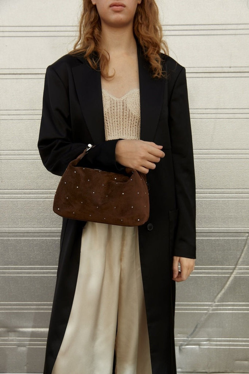 Liffner PILLOW POUCH DARK BROWN SUEDE SILVER STUDS outlook
