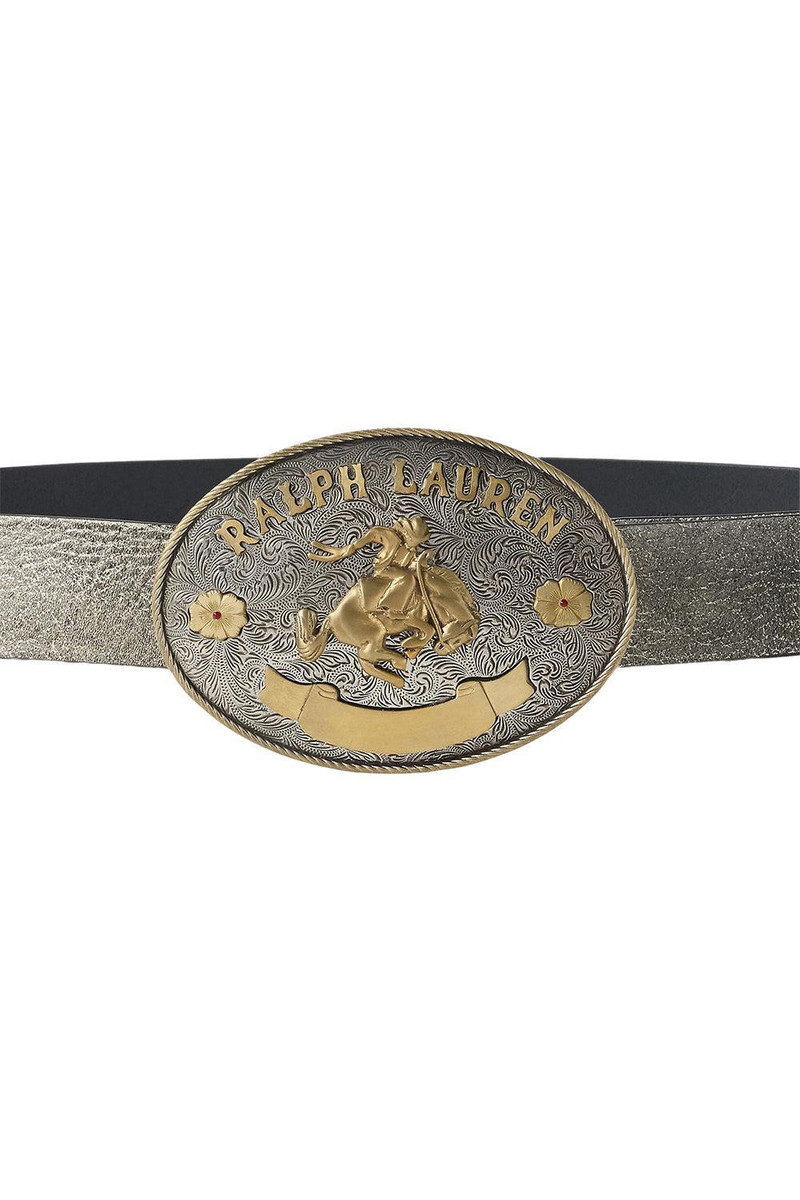 Rodeo-Buckle Metallic Vachetta Wide Belt 1