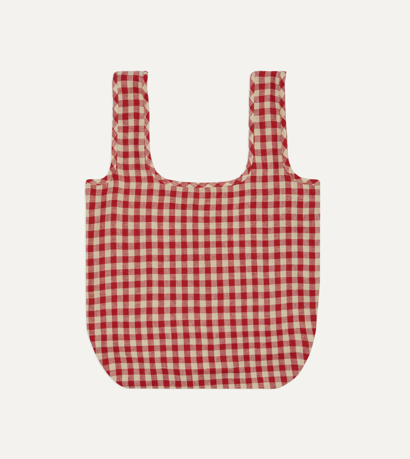 Red Gingham Check Linen Market Tote Bag 3