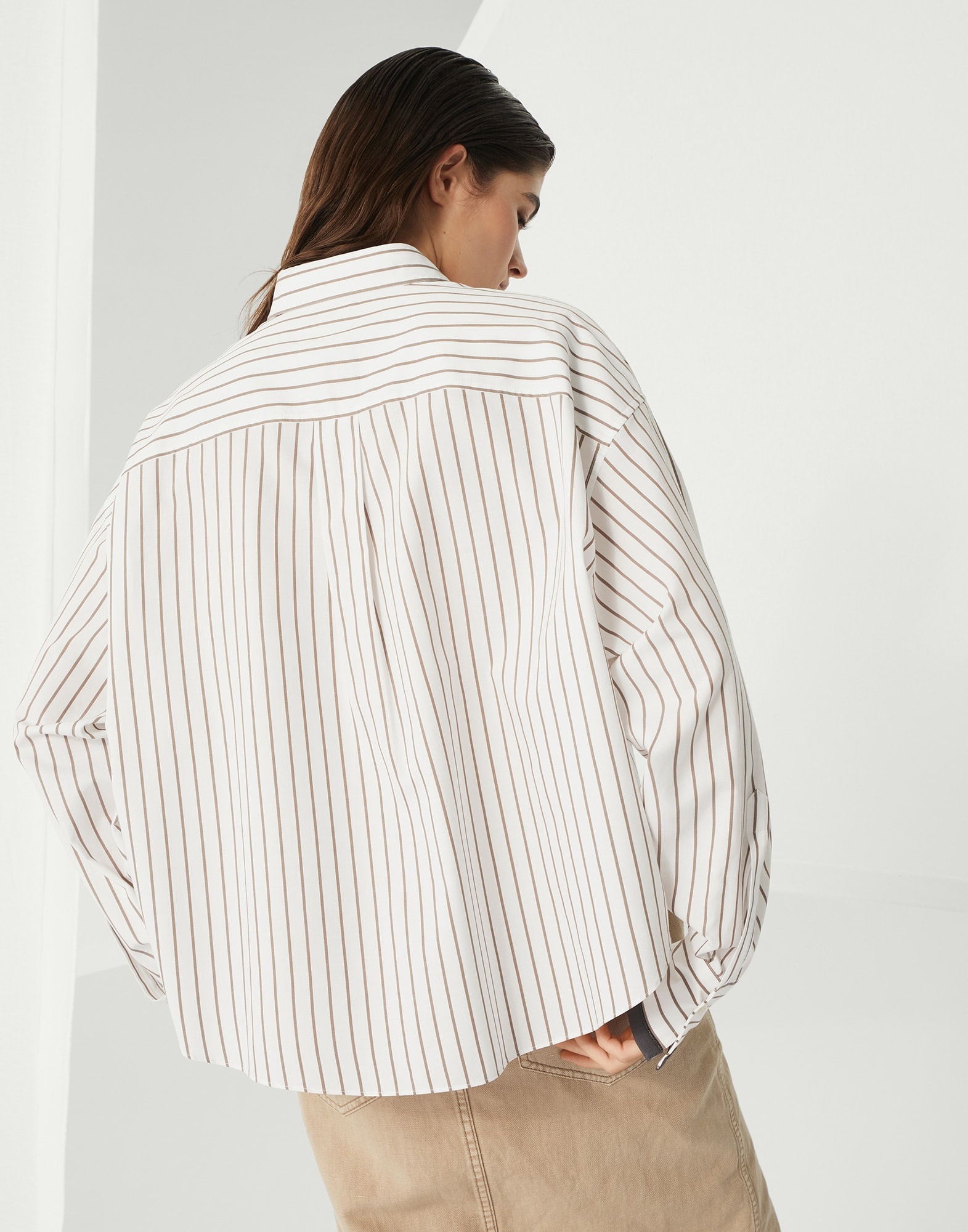 Striped cotton twill shirt with shiny cuffs - 2