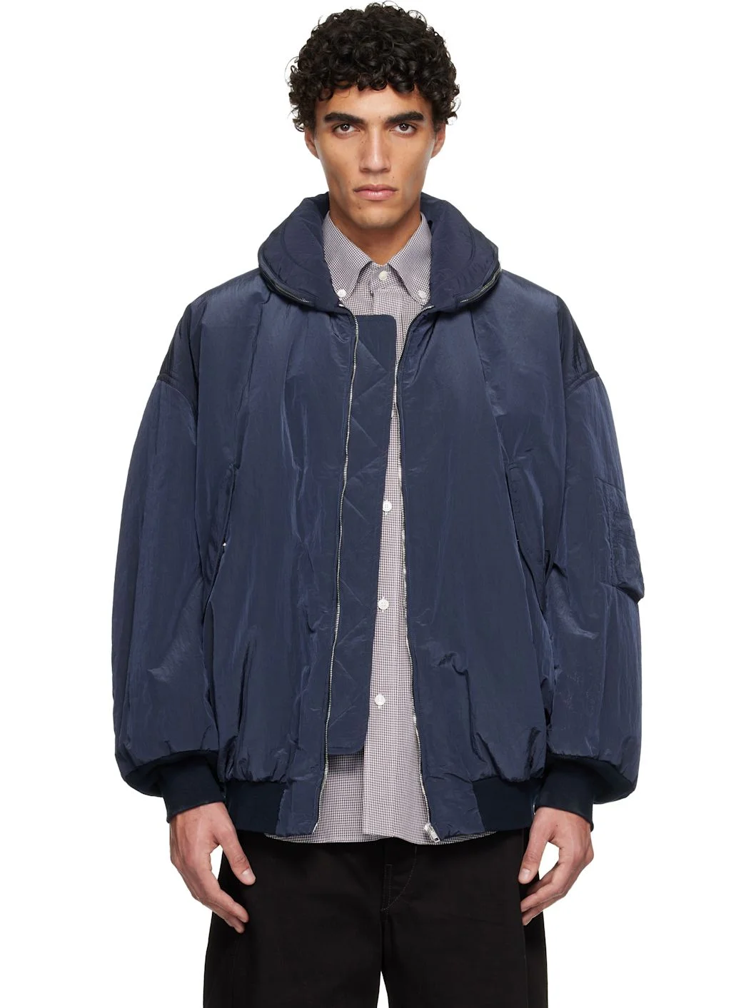 Navy Crinkled Bomber Jacket - 1