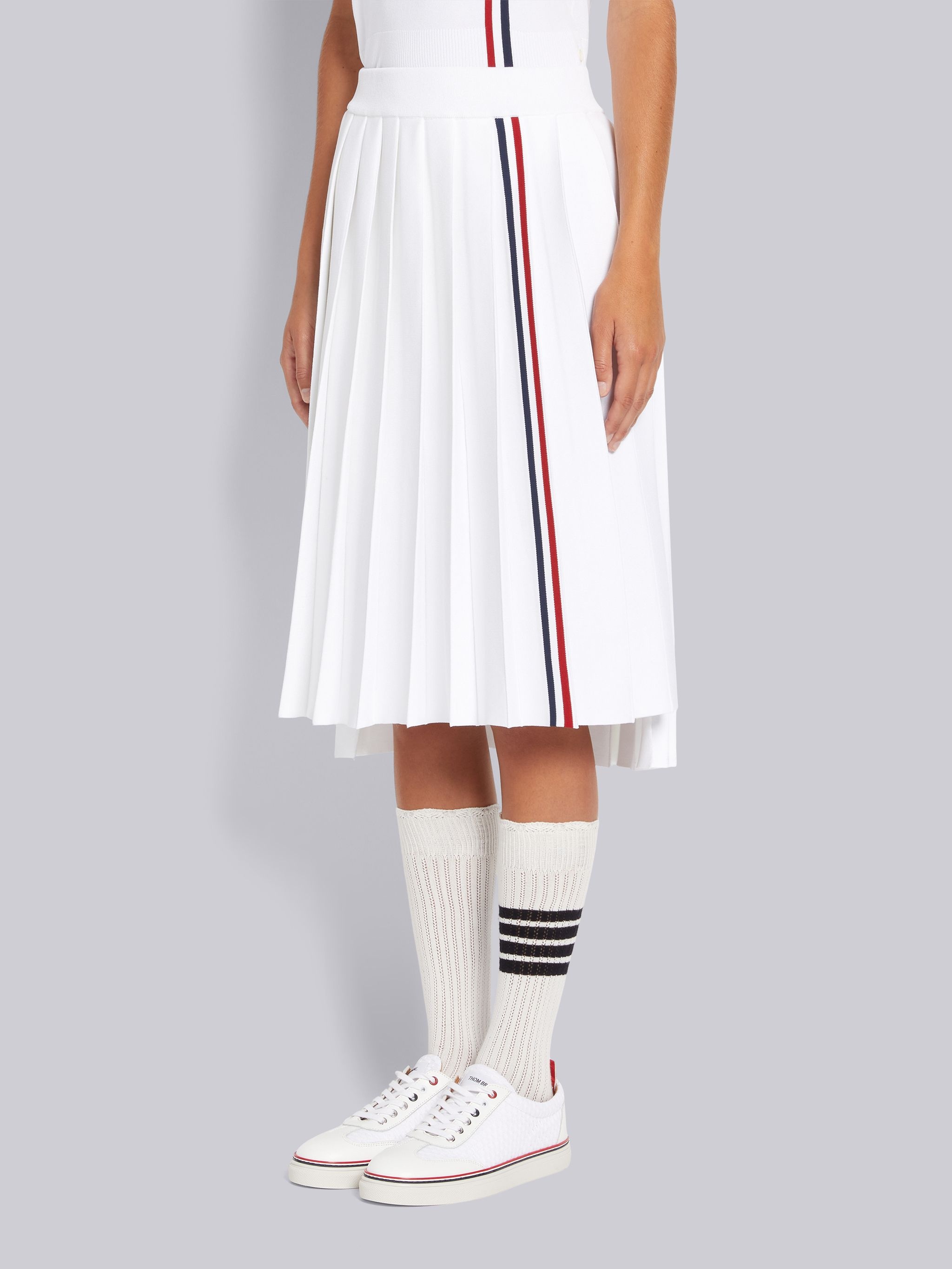 White Stretch Viscose Stripe Below The Knee Pleated Skirt - 2