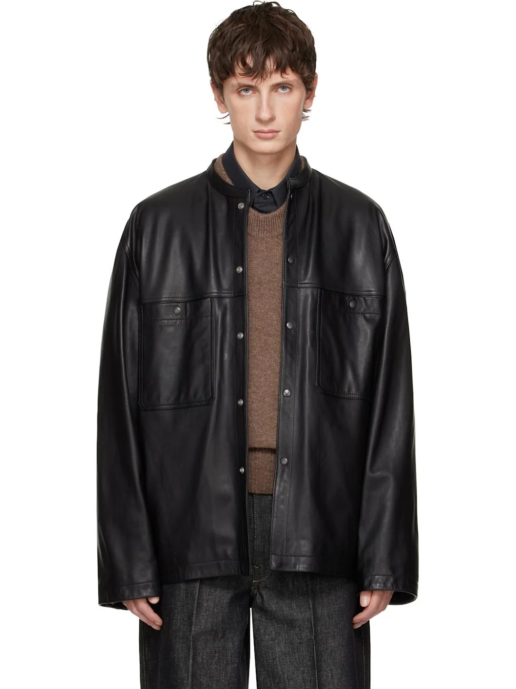 Black Collarstand Leather Overshirt - 1