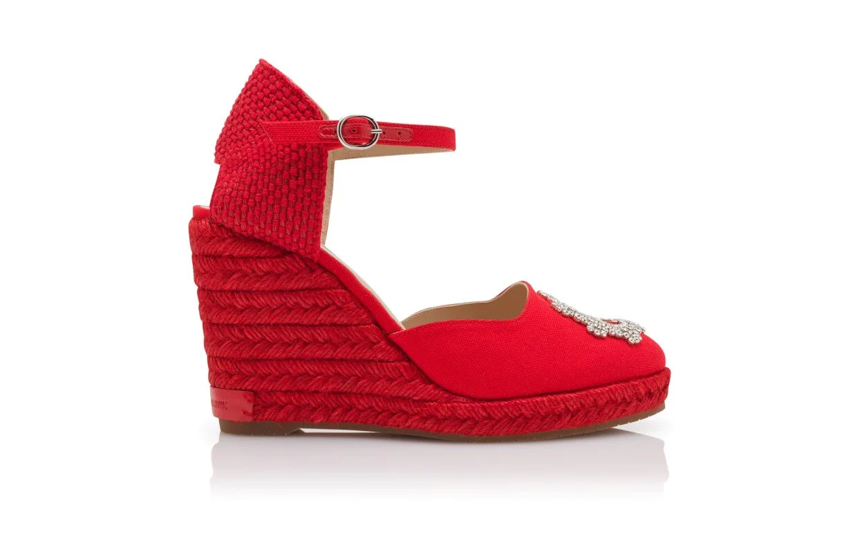 Red Cotton Crystal Embellished Espadrilles - 1
