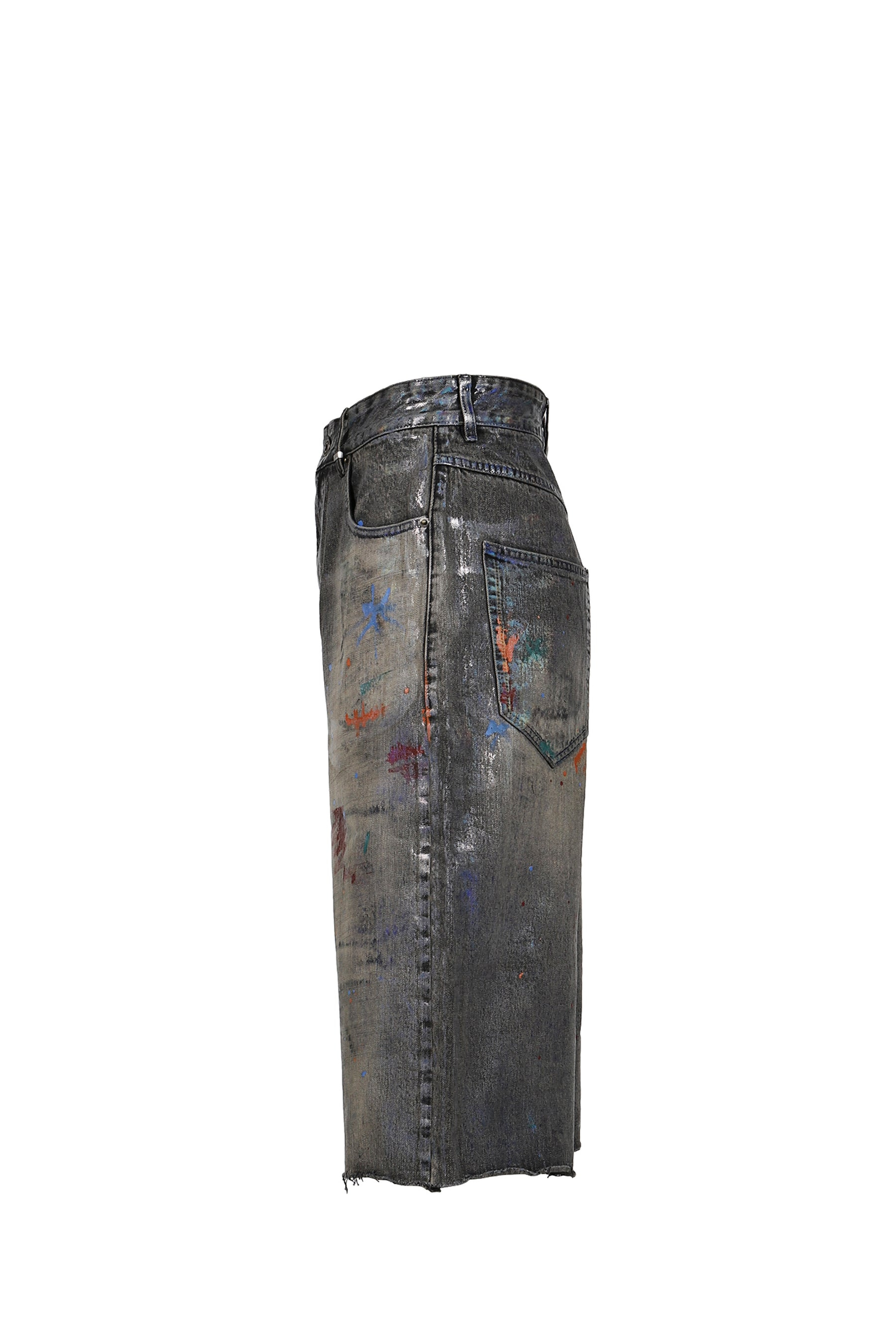 BLACK MENS PAINTED DENIM SHORTS / BLK - 3