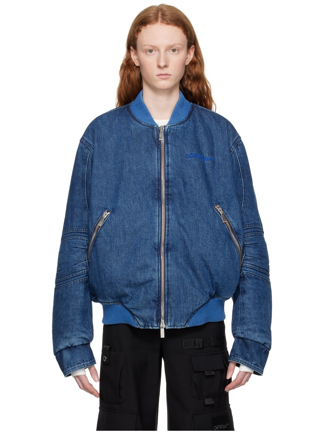 Blue Paneled Denim Bomber Jacket - 1