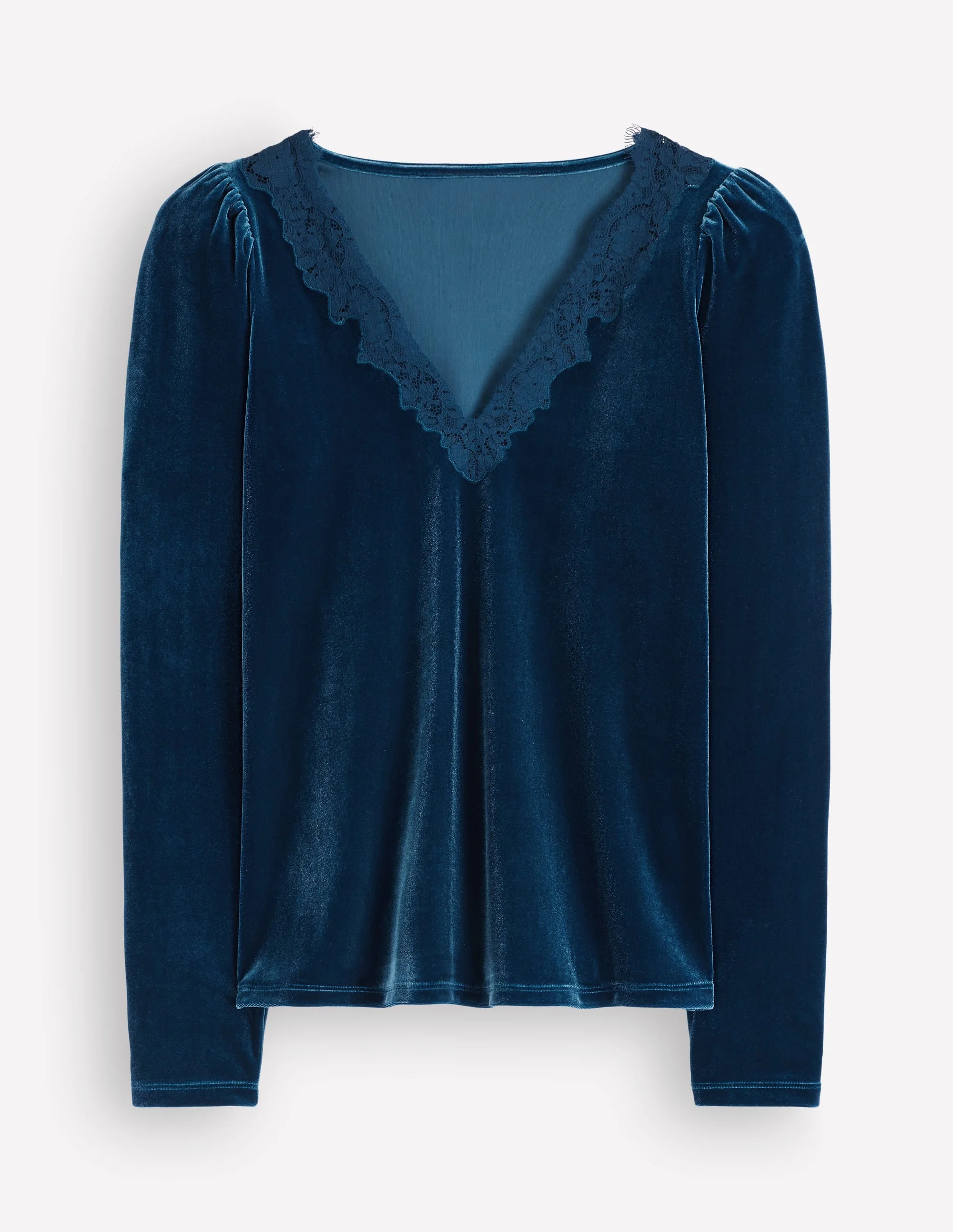 Lace Trim V-Neck Velvet Top-Harbour Blue - 1