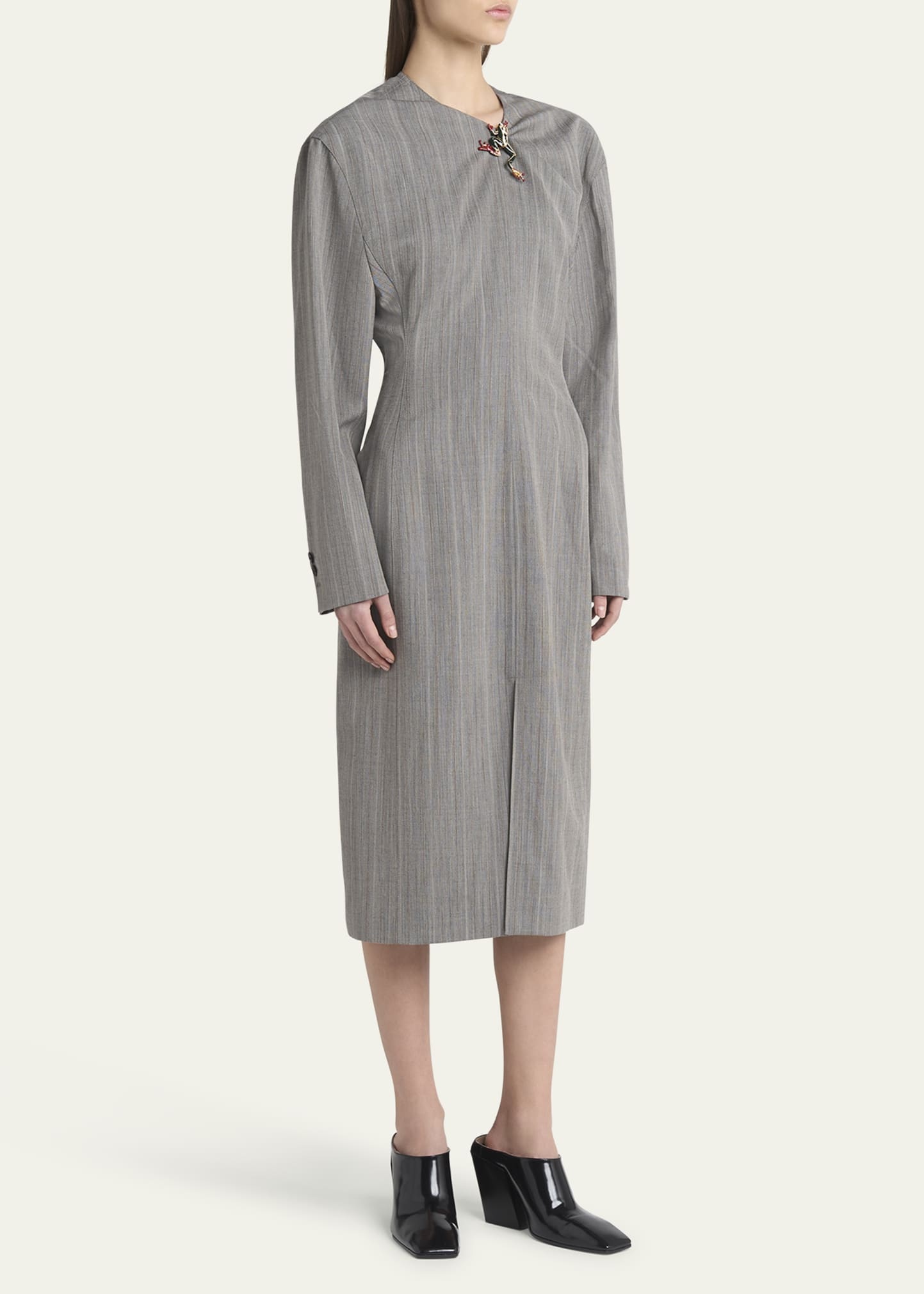 Subtle Stripe Melange Wool Dress with Frog Brooch - 4