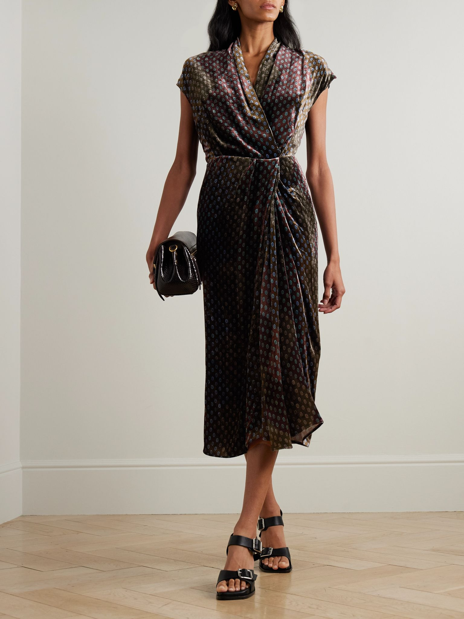 Printed velvet wrap-effect midi dress Black - 2