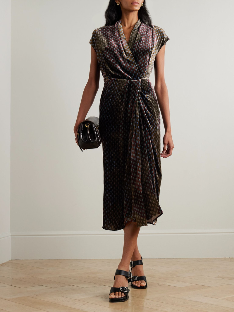 Dries Van Noten Printed velvet wrap-effect midi dress Black outlook
