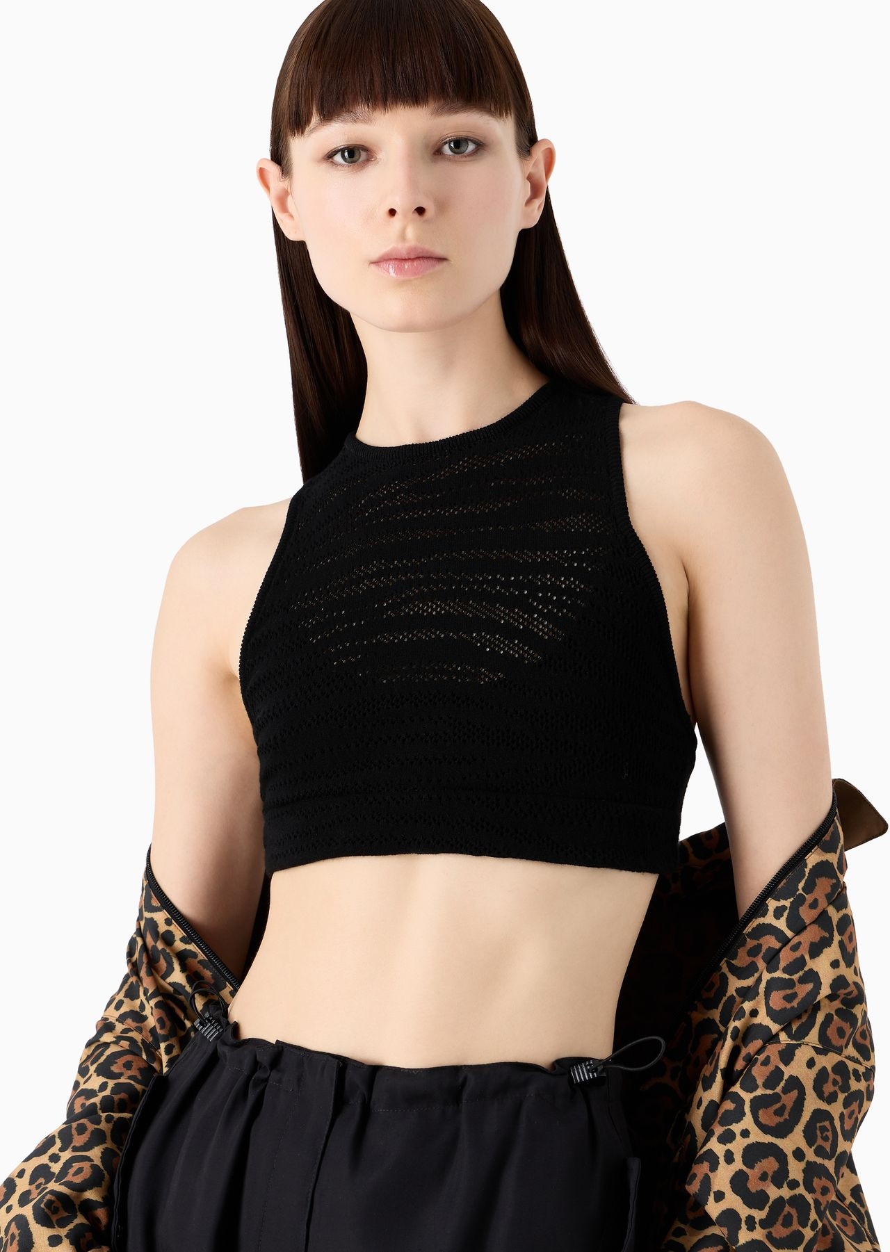 Emporio Armani Sustainability Values Capsule Collection viscose blend openwork knit crop top - 5