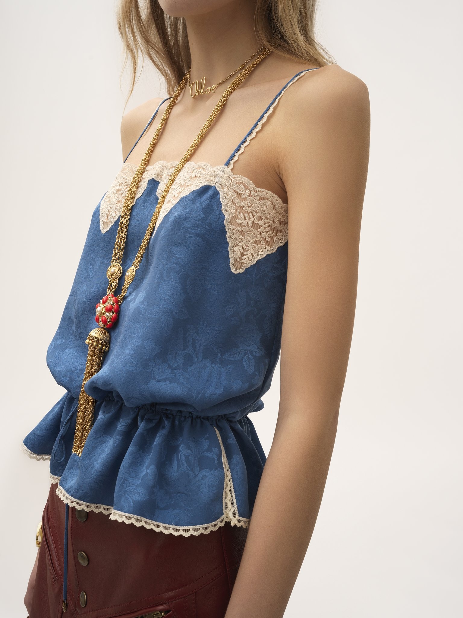 DRAWSTRING CAMISOLE TOP IN SILK JACQUARD & LACE - 6