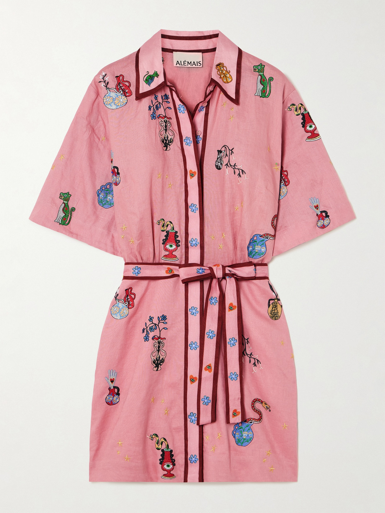 + Nadia Hernandez Timmy Belted Embroidered Printed Linen Mini Shirt Dress - 1