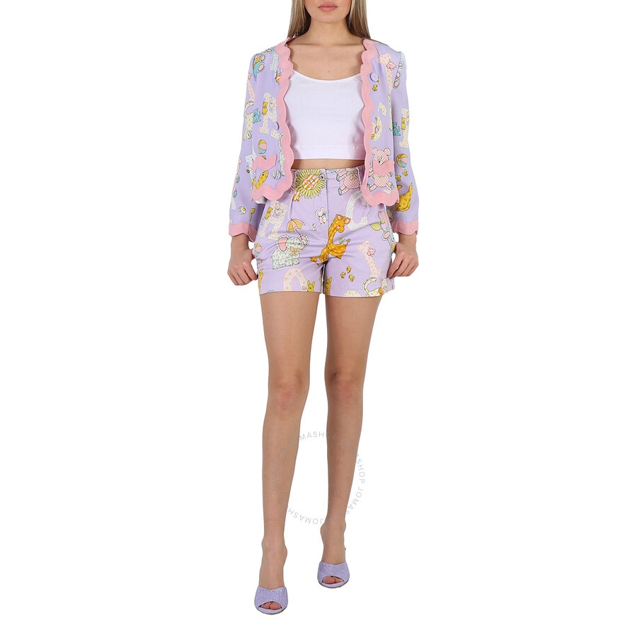 Moschino Ladies Purple All Over Logo Circus Print Shorts, Brand Size 38 (US Size 4) - 6