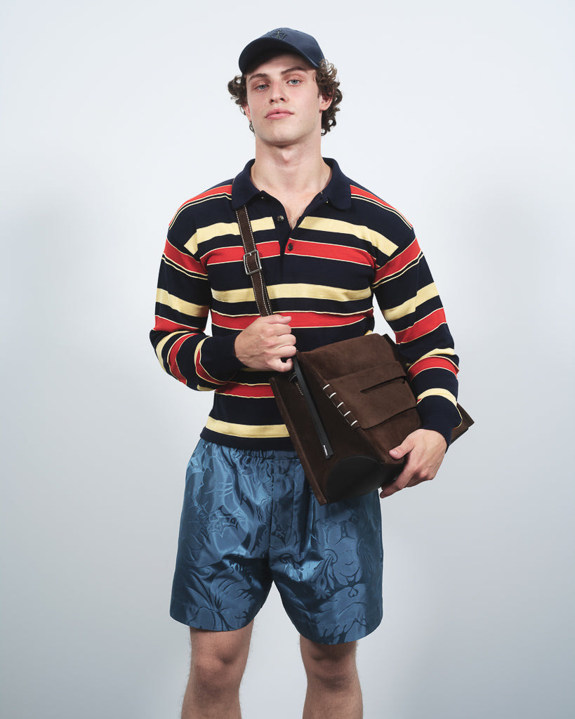 KNITTED STRIPED RUGBY POLO TOP IN NAVY - 4