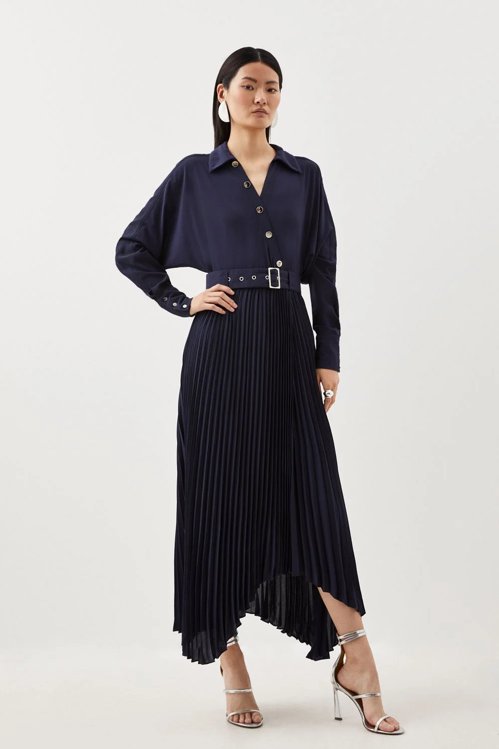 Petite Jersey And Georgette Mix Belted Pleat Midi Dress - 1