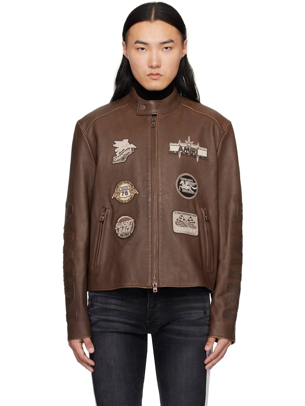 Brown 'AMIRI' Patch Racer Leather Jacket - 1
