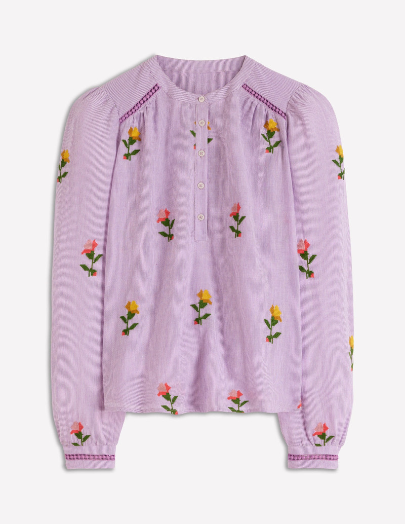 Embroidered Trim Interest Top-Purple Stripe Embroidery 1